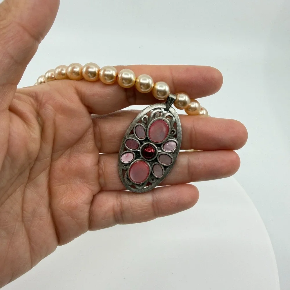 Blush Faux Pearl Pink Cabochon Pendant Necklace Silver Tone Coquette Statement